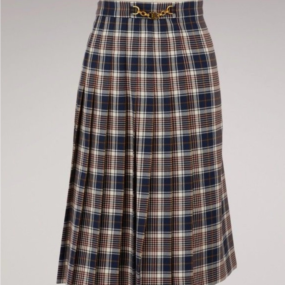 Tory Burch Navy Plaid Midi Skirt with Gold Detail